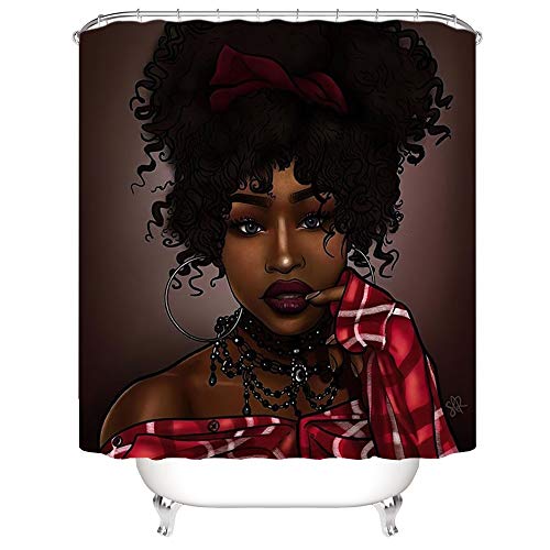 African Black Girl Shower Curtains Sets for Bathroom,4 Pcs American Afro Women Bath Decor with Washable Toilet Lid Cover, Non-Slip Rugs, Absorbent Bath Mats and Waterproof Shower Curtain with Hooks