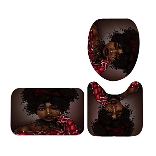 African Black Girl Shower Curtains Sets for Bathroom,4 Pcs American Afro Women Bath Decor with Washable Toilet Lid Cover, Non-Slip Rugs, Absorbent Bath Mats and Waterproof Shower Curtain with Hooks