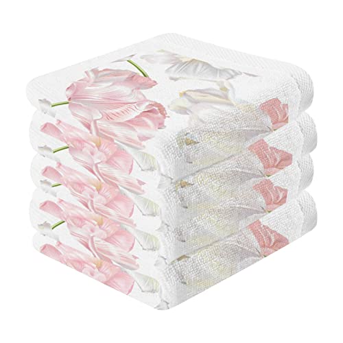 Kigai Pink Tulip Washcloths Set of 2 - 12 x 12 inch Pure Cotton Wash Cloth Highly Absorbent and Soft Fingertip Towels Face Cloths for Bath, Spa