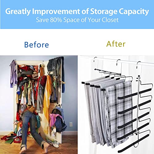 Pants Hangers Space Saving,5 Layers Pants Hangers with Non-Slip Foam Padded Swing Arm Trousers Hangers Heavy Duty Multi-Layer Pants Hangers Rack for Jeans Trousers Skirts Scarf(2 Pack)