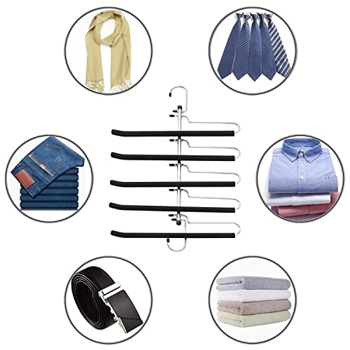 Pants Hangers Space Saving,5 Layers Pants Hangers with Non-Slip Foam Padded Swing Arm Trousers Hangers Heavy Duty Multi-Layer Pants Hangers Rack for Jeans Trousers Skirts Scarf(2 Pack)