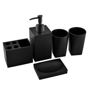 5-piece bathroom accessory set in matte black , modern design decorative bathroom accessory set, including a soap dispenser, two tumbler mouthwash bathroom cups, a soap dish and a toothbrush holder.