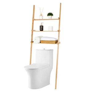 bloddream bathroom organizer, 3-tier over the toilet storage space saver ladder shelf leaning solid wood storage rack, over-the-toilet storage shelves for bathroom, natural pine wood
