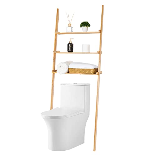 Bloddream Bathroom Organizer, 3-Tier Over The Toilet Storage Space Saver Ladder Shelf Leaning Solid Wood Storage Rack, Over-The-Toilet Storage Shelves for Bathroom, Natural Pine Wood