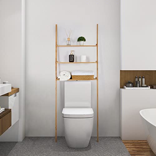 Bloddream Bathroom Organizer, 3-Tier Over The Toilet Storage Space Saver Ladder Shelf Leaning Solid Wood Storage Rack, Over-The-Toilet Storage Shelves for Bathroom, Natural Pine Wood