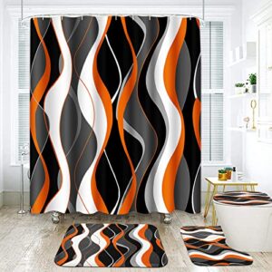 geometric orange bathroom sets with shower curtain and rugs and accessories, black and gray shower curtain sets, modern orange shower curtains for bathroom,orange bathroom decor 4 pcs