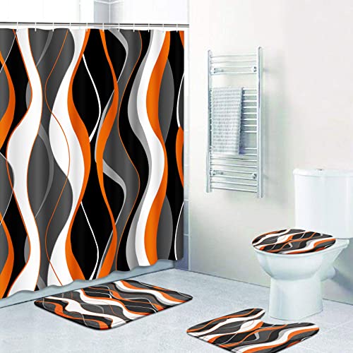 Geometric Orange Bathroom Sets with Shower Curtain and Rugs and Accessories, Black and Gray Shower Curtain Sets, Modern Orange Shower Curtains for Bathroom,Orange Bathroom Decor 4 Pcs