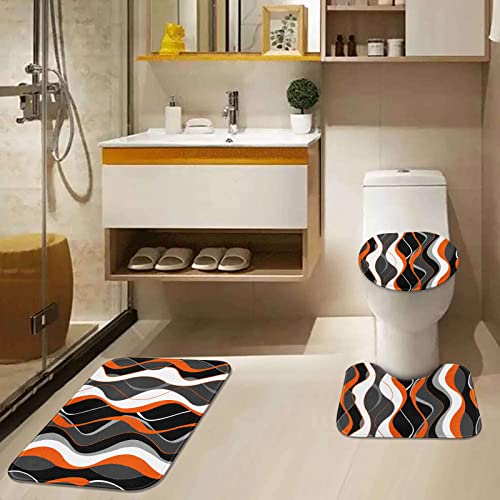 Geometric Orange Bathroom Sets with Shower Curtain and Rugs and Accessories, Black and Gray Shower Curtain Sets, Modern Orange Shower Curtains for Bathroom,Orange Bathroom Decor 4 Pcs