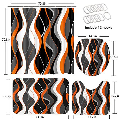 Geometric Orange Bathroom Sets with Shower Curtain and Rugs and Accessories, Black and Gray Shower Curtain Sets, Modern Orange Shower Curtains for Bathroom,Orange Bathroom Decor 4 Pcs