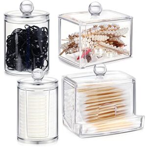 4 pcs cotton swab holder dispenser plastic apothecary jar set square bathroom organizer floss picks container bathroom canisters vanity makeup organizer with lid for cotton round pads storage