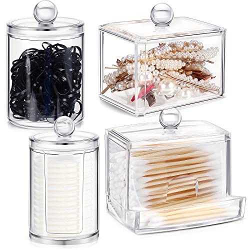 4 Pcs Cotton Swab Holder Dispenser Plastic Apothecary Jar Set Square Bathroom Organizer Floss Picks Container Bathroom Canisters Vanity Makeup Organizer with Lid for Cotton Round Pads Storage