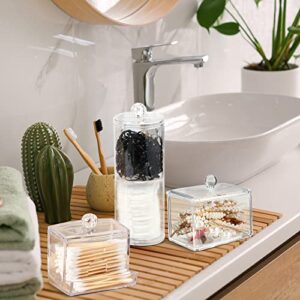 4 Pcs Cotton Swab Holder Dispenser Plastic Apothecary Jar Set Square Bathroom Organizer Floss Picks Container Bathroom Canisters Vanity Makeup Organizer with Lid for Cotton Round Pads Storage