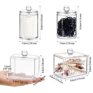 4 Pcs Cotton Swab Holder Dispenser Plastic Apothecary Jar Set Square Bathroom Organizer Floss Picks Container Bathroom Canisters Vanity Makeup Organizer with Lid for Cotton Round Pads Storage