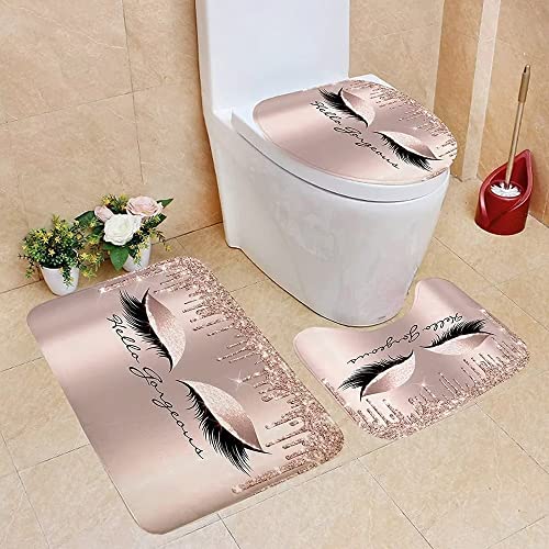 4PCS Pretty Long Eyelash Shower Curtain Sets Gold Drips Hello Gorgeous Waterproof Cloth Polyester Bath Curtain Bathtub Curtains, Bathroom Carpet Toilet Lid Cover and Bath Mat (no flash) (eyelashes-1)