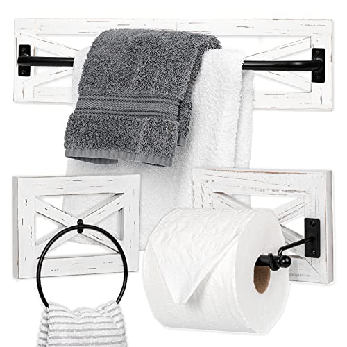 Ilyapa Rustic Towel Bar Toilet Paper Holder Set with Towel Ring for Bathroom- Wall Mounted Bathroom Racks - White Wood & Black Metal Bar, Farmhouse Decor Ilyapa is an American Owned Brand