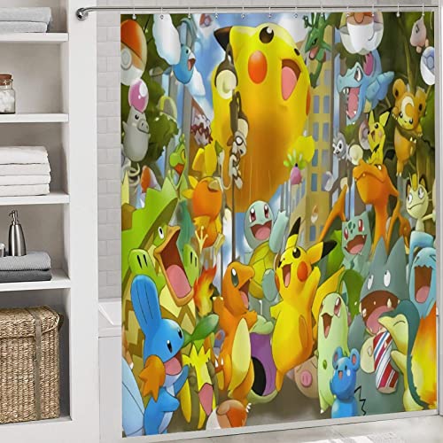 𝐏𝐨𝐤.𝐄𝐦𝐨𝐧 𝐆𝐎 Bathroom Sets,Kids Bathroom Decor Shower Curtain Set,Cartoon Shower Curtain with Anime Rugs& U-Shaped Floor Mat + Toilet Seat Cover Accessories 72"x72"