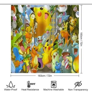 𝐏𝐨𝐤.𝐄𝐦𝐨𝐧 𝐆𝐎 Bathroom Sets,Kids Bathroom Decor Shower Curtain Set,Cartoon Shower Curtain with Anime Rugs& U-Shaped Floor Mat + Toilet Seat Cover Accessories 72"x72"