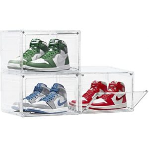 ezlucky 3 pack large shoe boxes clear plastic stackable, side open shoes organizer with magnetic door, clear shoe boxes stackable for display sneakers, fit shoe size up to us 15 (14.2x11x8.7in)