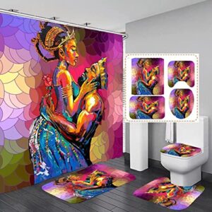 african american shower curtain sets for bathroom, bathroom sets with shower curtain and rugs and accessories, 4pcs black girl shower curtain sets with rugs and toilet cover (yellow)