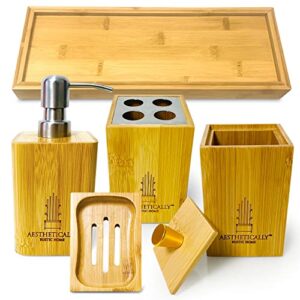 aesthetically rustic home | 5 pc bathroom accessories set natural bamboo | includes handwash dispenser toothbrush holder cotton swab box bar soap holder & holding tray