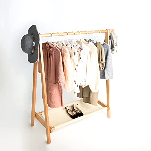 Kids Clothing Rack with Hanging Rod and Bottom Shelf Storage Space- Lightweight and Durable Wooden Frame- Child Garment Rack for Small Space