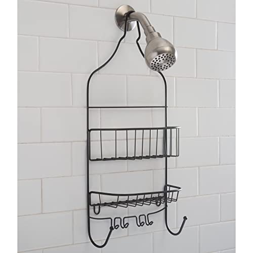 Bath Bliss Design Bronze, Suction Cups, Rust Resistant 2 Tier Contoured Caddy, Over The Shower Head, Proof, Bathroom Organizer with Hooks for Hanging Razor, Sponge, Shampoo Holder