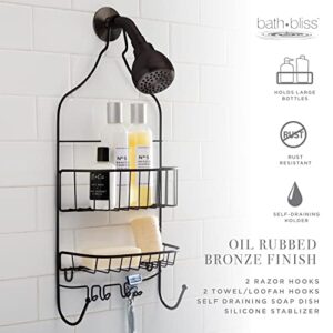 Bath Bliss Design Bronze, Suction Cups, Rust Resistant 2 Tier Contoured Caddy, Over The Shower Head, Proof, Bathroom Organizer with Hooks for Hanging Razor, Sponge, Shampoo Holder