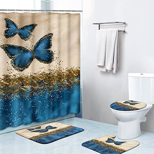 4 Pcs Shower Curtain Set,Blue Butterfly Gold Luxury Abstract Art Painting Modern Wall Art Shower Curtain with Non-Slip Rugs,Toilet Lid Cover and Bath Mat,Bathroom Sets Decorations 72" x 72"