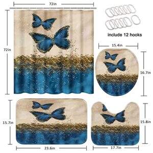 4 Pcs Shower Curtain Set,Blue Butterfly Gold Luxury Abstract Art Painting Modern Wall Art Shower Curtain with Non-Slip Rugs,Toilet Lid Cover and Bath Mat,Bathroom Sets Decorations 72" x 72"