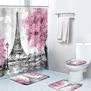 britimes 4 piece shower curtain sets, pink ground paris eiffel tower with non-slip rugs, toilet lid cover and bath mat, durable and waterproof, for bathroom decor set, 72" x 72"