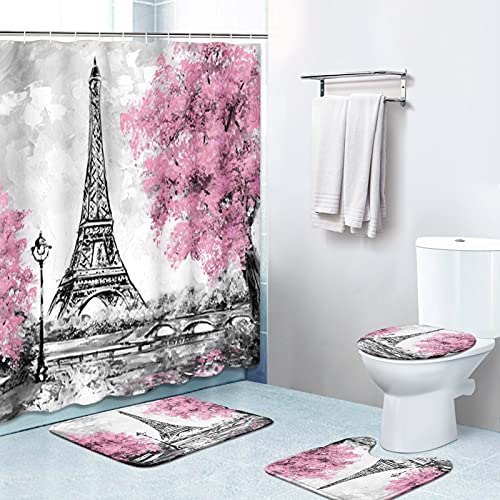 Britimes 4 Piece Shower Curtain Sets, Pink Ground Paris Eiffel Tower with Non-Slip Rugs, Toilet Lid Cover and Bath Mat, Durable and Waterproof, for Bathroom Decor Set, 72" x 72"