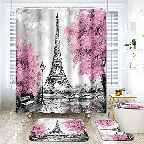 Britimes 4 Piece Shower Curtain Sets, Pink Ground Paris Eiffel Tower with Non-Slip Rugs, Toilet Lid Cover and Bath Mat, Durable and Waterproof, for Bathroom Decor Set, 72" x 72"