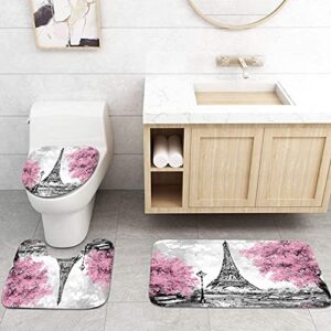 Britimes 4 Piece Shower Curtain Sets, Pink Ground Paris Eiffel Tower with Non-Slip Rugs, Toilet Lid Cover and Bath Mat, Durable and Waterproof, for Bathroom Decor Set, 72" x 72"