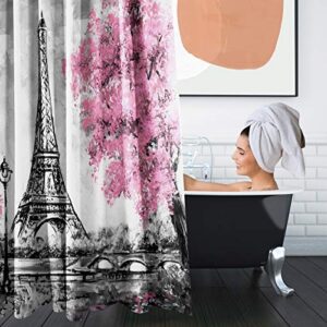 Britimes 4 Piece Shower Curtain Sets, Pink Ground Paris Eiffel Tower with Non-Slip Rugs, Toilet Lid Cover and Bath Mat, Durable and Waterproof, for Bathroom Decor Set, 72" x 72"