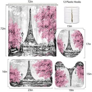 Britimes 4 Piece Shower Curtain Sets, Pink Ground Paris Eiffel Tower with Non-Slip Rugs, Toilet Lid Cover and Bath Mat, Durable and Waterproof, for Bathroom Decor Set, 72" x 72"