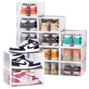 wall qmer clear shoe boxes, for aj shoes, 12 pack, stackable, crystal clear shoe storage, easy to assemble, sturdy, versatile shoe organizer
