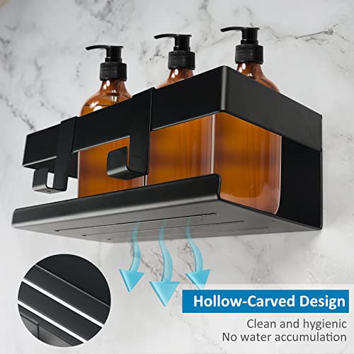 AUMIO Bathroom Shelves Wall Mounted, Floating Shelves Bathroom, Bathroom Shelf Shower Caddy with 2 Hooks Stainless Steel No Drilling Storage Organizer, Wall Shelf for Bathroom Kitchen Toilet Black