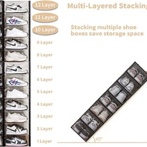 MMBABY 12 Pack Shoe Storage Box Shoe Box Clear Plastic Stackable Shoe Organizer Space Saving Foldable Shoe Container Fit up to US Size 9
