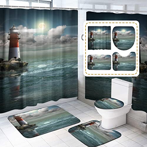 Nautical Shower Curtain Bathroom Rugs Sets 4 Piece , Ocean Lighthouse Shower Curtain Waterproof Fabric with Non Slip Bathroom Rugs Contour Floor Mat Toilet Lid Cover Shower Accessories for Bathroom