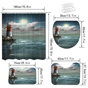 Nautical Shower Curtain Bathroom Rugs Sets 4 Piece , Ocean Lighthouse Shower Curtain Waterproof Fabric with Non Slip Bathroom Rugs Contour Floor Mat Toilet Lid Cover Shower Accessories for Bathroom