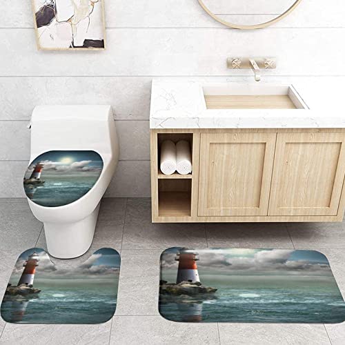 Nautical Shower Curtain Bathroom Rugs Sets 4 Piece , Ocean Lighthouse Shower Curtain Waterproof Fabric with Non Slip Bathroom Rugs Contour Floor Mat Toilet Lid Cover Shower Accessories for Bathroom