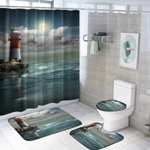 Nautical Shower Curtain Bathroom Rugs Sets 4 Piece , Ocean Lighthouse Shower Curtain Waterproof Fabric with Non Slip Bathroom Rugs Contour Floor Mat Toilet Lid Cover Shower Accessories for Bathroom