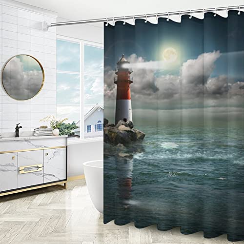 Nautical Shower Curtain Bathroom Rugs Sets 4 Piece , Ocean Lighthouse Shower Curtain Waterproof Fabric with Non Slip Bathroom Rugs Contour Floor Mat Toilet Lid Cover Shower Accessories for Bathroom