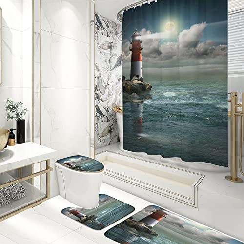 Nautical Shower Curtain Bathroom Rugs Sets 4 Piece , Ocean Lighthouse Shower Curtain Waterproof Fabric with Non Slip Bathroom Rugs Contour Floor Mat Toilet Lid Cover Shower Accessories for Bathroom