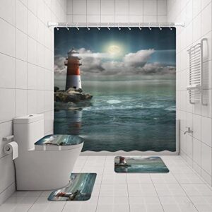 Nautical Shower Curtain Bathroom Rugs Sets 4 Piece , Ocean Lighthouse Shower Curtain Waterproof Fabric with Non Slip Bathroom Rugs Contour Floor Mat Toilet Lid Cover Shower Accessories for Bathroom