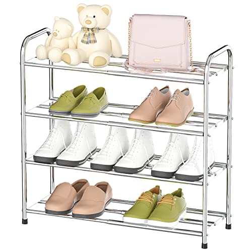 4-Tier Stackable & Expandable Shoe Rack for Closet Adjustable Organizer Storage Stainless Steel Shoe Shelf for Entryway, Bedroom, Dorm Room, Outdoor