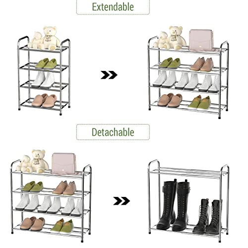 4-Tier Stackable & Expandable Shoe Rack for Closet Adjustable Organizer Storage Stainless Steel Shoe Shelf for Entryway, Bedroom, Dorm Room, Outdoor