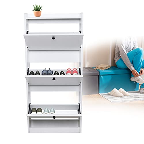 DNYSYSJ Shoe Cabinet White 3 Flip Drawers Shoes Organizer Cupboard Storage, Modern Slim Shoe Rack Wall Mount Shoe Cabinet for Hallway, Entryways