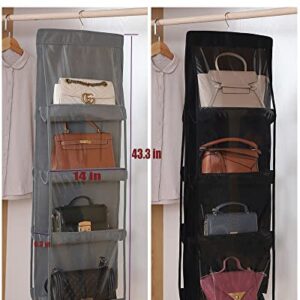 RAUYIVANY 2 Packs Hanging Handbag Purse Organizer, Hanging Purse Organizer Bag Storage Hanger Closet Organizer with Metal Hook, 8 Clear Pockets for Home Closet Bedroom(Grey and Black)