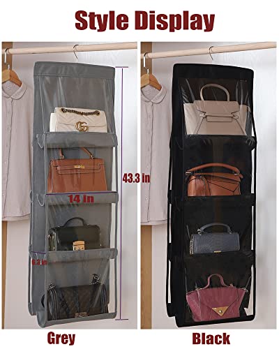 RAUYIVANY 2 Packs Hanging Handbag Purse Organizer, Hanging Purse Organizer Bag Storage Hanger Closet Organizer with Metal Hook, 8 Clear Pockets for Home Closet Bedroom(Grey and Black)